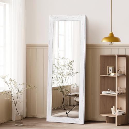 Image of 58x22in Full Length Mirror, Rustic White Beveled Wood Frame