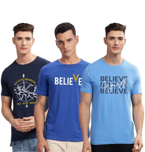 Image of ADRO 100% Cotton Lycra Tshirts for Men Combo Pack of 3 | Regular Fit | Printed T Shirt | Round Neck Half Sleeve| Mens Tshirts