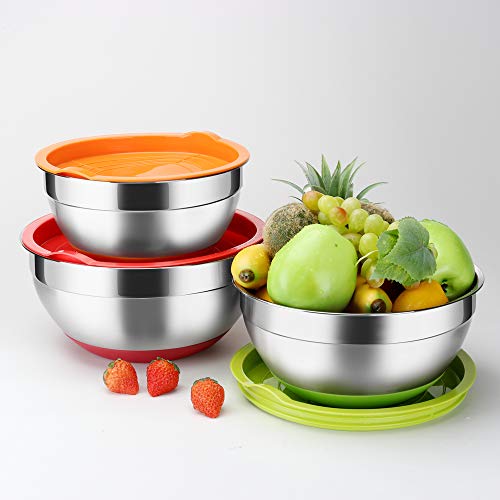 Image of Stainless Steel Mixing Bowls with Lids (Set of 3), Non Slip Colorful Silicone Bottom Nesting Storage Bowls by Regiller, Polished Mirror Finish For Healthy Meal Mixing and Prepping 2.5-3.5-4.2QT