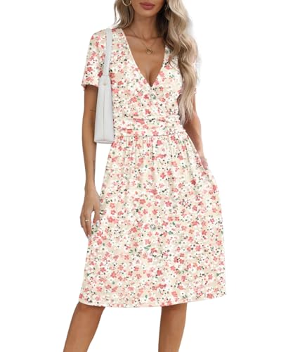 Image of NILOUFO Women's Summer Short Sleeve Casual Dress Wrap V Neck Party Midi Dresses with Pockets