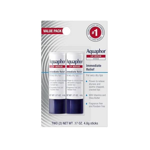 Aquaphor Lip Repair Stick, Moisturizing Lip Balm Pack, Relieves Dryness, 0.17 Oz Stick, Pack of 2