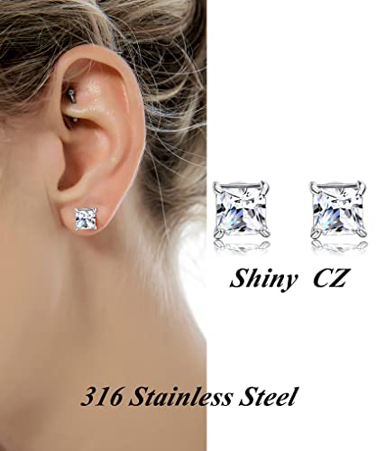 Tornito 6 Pairs 20G Stainless Steel Stud Earrings Square Cubic Zirconia Earring Set For Men Women 3MM-8MM Silver Tone3