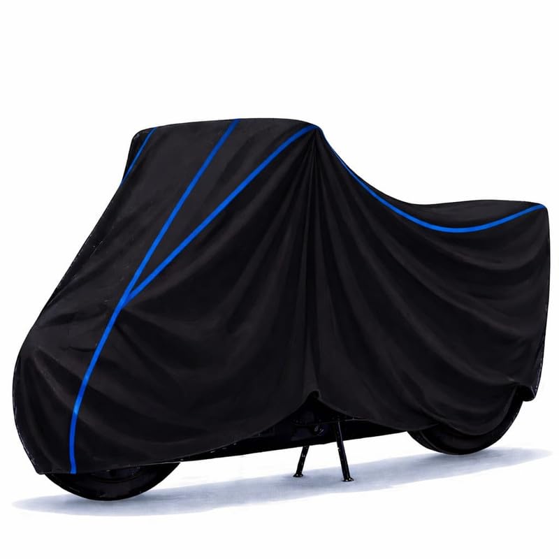 Image of CFMoto 300 NK Bike Cover Water Resistant Universal Motorcycle Rain | Heavy Duty UV Protection, Dust, Scratch Indoor Outdoor All Weather with Black Blue Piping Elastic