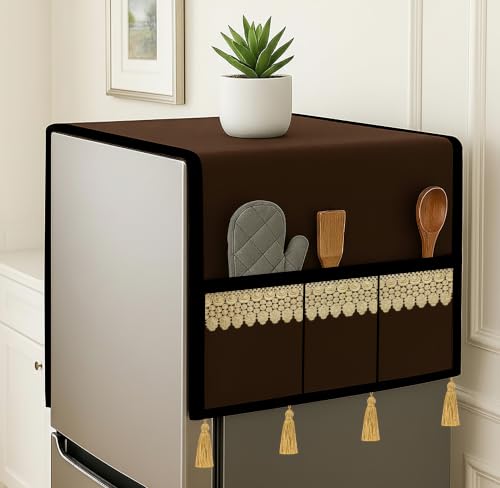 Image of Refrigerator Single Door Waterproof, Dustproof, Tassel Lace Refrigerator Top Cover, Protective Cover for Fridges with Extra Storage Space Nylon Top cover with 6 Storage Pockets ( Coffee, 130 x 54 cm )