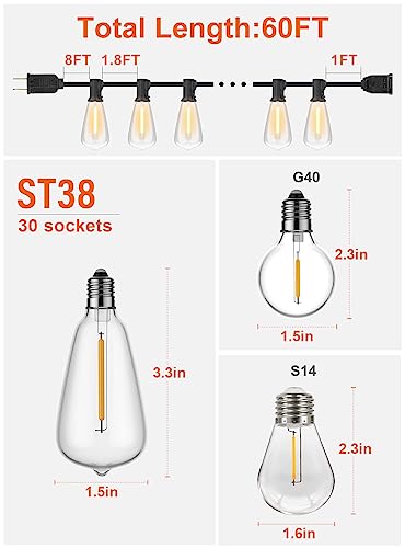 Gpatio Outdoor String Lights, 60Ft Waterproof Patio Lights With 32 Dimmable Hanging Lights Globe St38 Bulbs, 2700K Shatterproof For Backyard Gazebo Porch Garden Commerical Outside Decor #TOP1