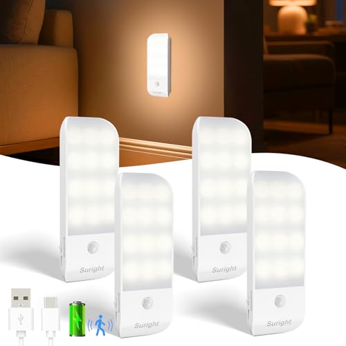 Luz Armario con Sensor de Movimiento, 4 Piezas Luz Nocturna Recargable Tipo-C con 3 Modos de Iluminación, Luz Noche con Banda Magnética para Armario, Pasillo, Escalera, Cocina, Garaje, Blanca Cálida