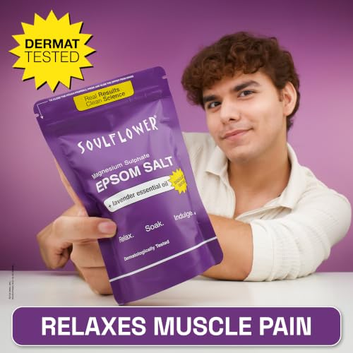 Image of Soulflower Epsom Salt for Foot, Bath & Body Spa, Swelling & Soreness, Relaxing, Muscle Pain Relief | 100% Pure USP Grade Epsom Salt| Pure Lavender Essential Oil 1 kg (Pack of 1)