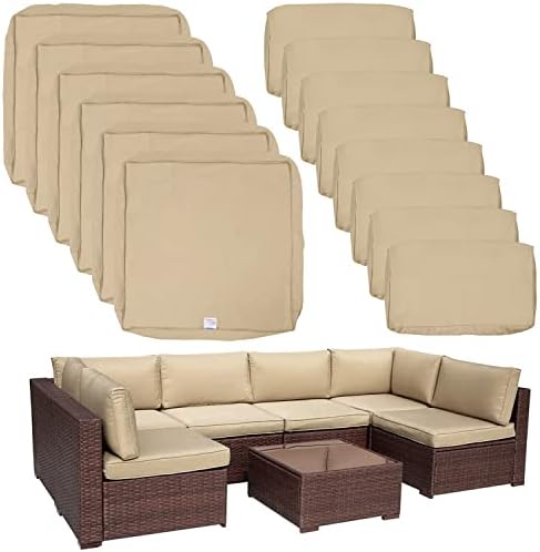 14 Pack Outdoor Patio Cushions Pillow Replacement Covers Fit for 7 Pieces 6-Seater Wicker Rattan Furniture Conversation Set Sectional Sofa Chair Set,Water-Resistant Fadeless,Khaki-Covers Only