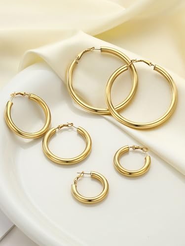 Image of Stainless Steel Chunky Hoop Earrings For Women, Minimalist and Chic, Black /Gold Plated, Round Hoops Earrings Hypoallergenic, Size: 30mm /40mm /60mm /80mm, Come with Box