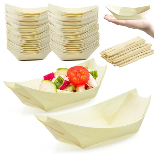 Bamboo Wooden Boat 200 Packs with 200 pcs Bamboo Stickers Middle Size 5 Inches