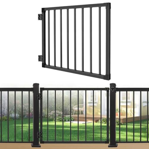Deck Gate Outoor 42 Black Heavy Duty Steel Anti-Rust Fence Door with Adjustable Width (Up to 48) Easy Installation Metal Gate for Residential Yard Patio with Hinges and Latch