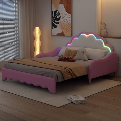 Polsterbett mit Ausziehbett 140x200 cm, Ausziehbares Schlafsofa Tagesbett mit LED Beleuchtung und Lattenrost, Gästebett Daybett Kinderbett Sofabett Jugendbett Bettgestell, PU, Ohne Matratze, Rosa Polsterbett mit Ausziehbett 140x200 cm, Ausziehbares Schlafsofa Tagesbett mit LED Beleuchtung und Lattenrost, Gästebett Daybett Kinderbett Sofabett Jugendbett Bettgestell, PU, Ohne Matratze, Rosa