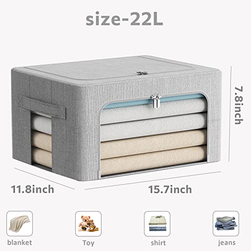 Image of FHSQX 2 Pack Clothes Storage Bins Stackable Metal Frame Storage Box Foldable Linen Fabric Organizer with Carrying Handles and Clear Window (Light Gray, 15.7x 11.8x 7.8Inch)