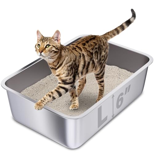 Holintan Stainless Steel Cat Litter Box, 20"x14"x6"(Height) Large Metal Litter Box, Easy to Clean, Non Stick No Smell Litterbox for Adult Cats/Kitty