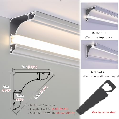 Canale LED con profilo in alluminio con connettore angolare, alloggiamento per striscia luminosa da soffitto, canale lineare per strisce LED, installazione interna, 1,8 m (larghezza 2 2/5")