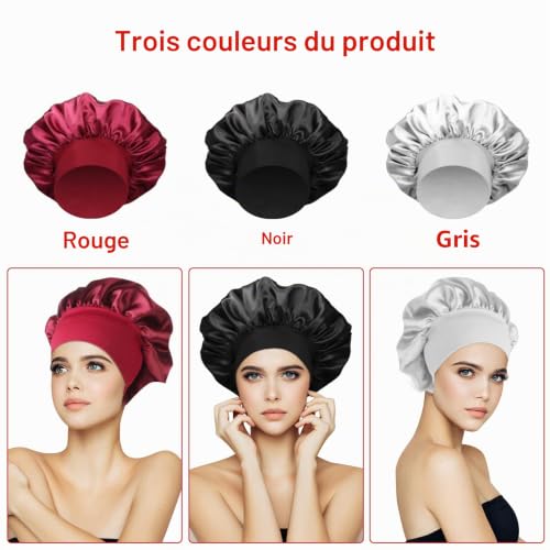 Skaaisont 3pcs Bonnet Satin Cheveux Nuit Bonnet de Nuit Bonnet Soie Cheveux Nuit pour Dormir Soin des Cheveux Lavage du Visage Soin de la Peau Masque Spa Femmes (Rouge Noir Gris) Taille unique – vue 5
