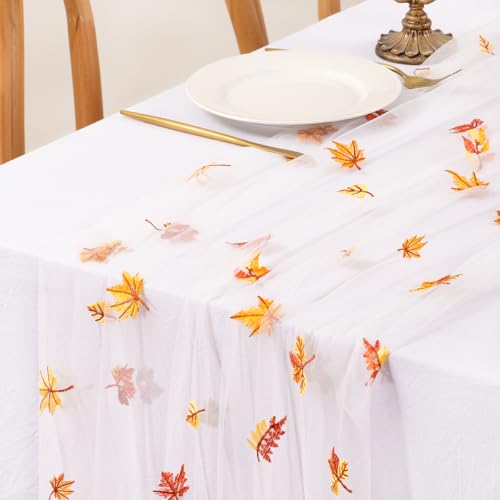 DeZerlor Ivory Table Runner with Embroidered Maple Leaves Elegant Fall