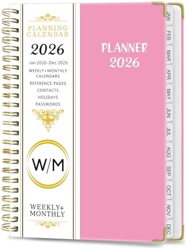 2026 Weekly and Monthly Planner, Jan-Dec, Spiral-Bound with Tabs, Inner Pocket, 6.2