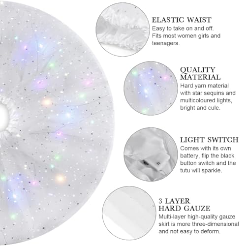 URAQT Tüllrock Damen LED Tütü Erwachsene, Tutu Rock LED, Minirock Mit LED Lichter für Fasching Karneval Motto Party Ballett Tanzen Fancy Dress Halloween Kostüm, 40CM(Weiß)