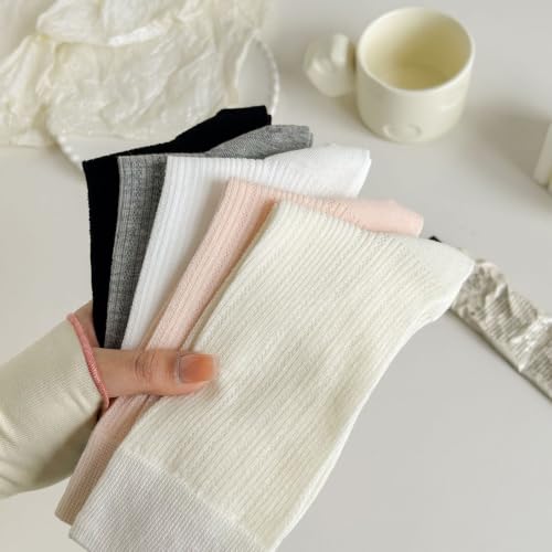 Image of 5 Pairs White Cute Socks, Women's Lace Ruffles Ankle Casual Sock, Cottagecore Breathable Socks, Floral Crew Socks