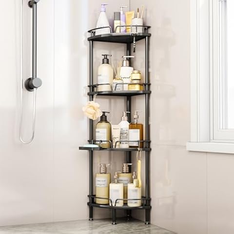 Consumest Corner Shower Caddy Stand - 4 Tier Shower Organizer with Soap Holder, Standing Tall Floor Shower Stand with Adjustable Feet & 4 Hooks, Shower Shelf Rack Storage for Bathroom Black Cover