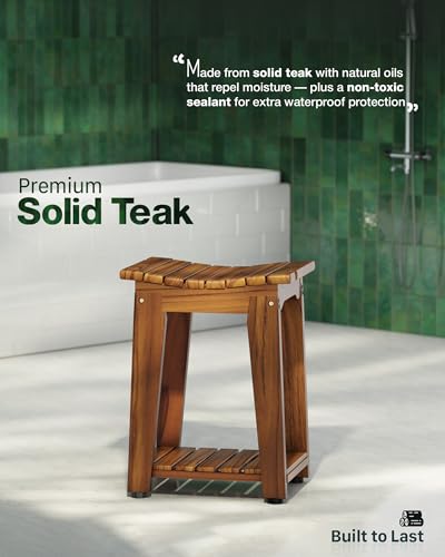 LOTUSSWAY 13.8\" Teak Shower Bench for Inside Shower – Waterproof Wooden Shower Seat with Storage Shelf & Built-in Shower Head Holder, Spa Bath Stool for Bathroom, Foot Rest, Shaving Use