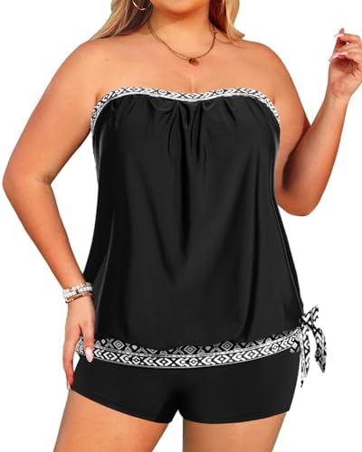 Tempt Me Plus Size Tankini Swimsuits for Women Bandeau Two Piece Bathing Suit Top with Shorts Blouson Swimwear