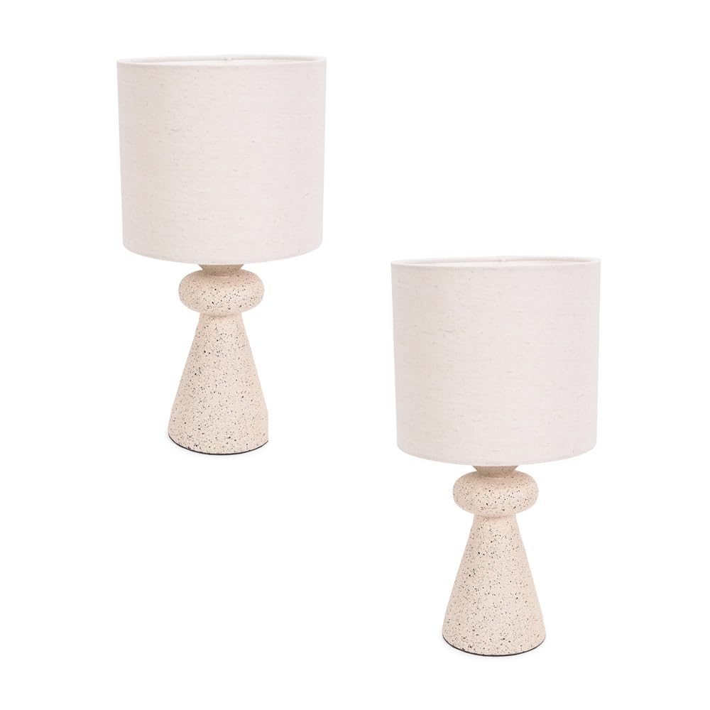 Valuelights Unisex Cream Cady Pair Of Stone Effect Natural Table Lamps With Drum Shades And Led Bulbs In