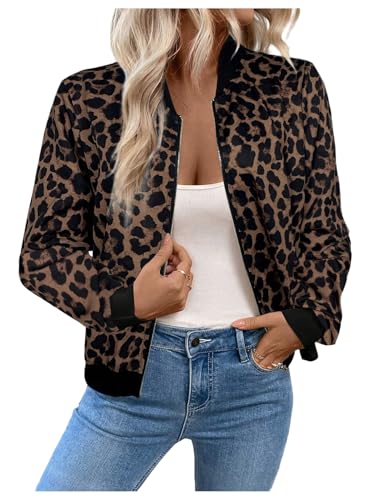 OYOANGLE Women's Cheetah Print Zip Up Jacket Long Sleeve Casual Lightweight Bomber Jackets Outerwear