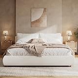 Boucle Fabric Platform Bed with 2 Removable Pillows and Headboard for Bedroom, King Size Upholstered Bed Frame/Light Luxury Design Mattress Foundation/Wooden Slats Support, No Box Spring Needed