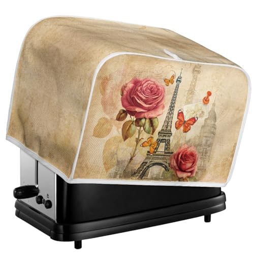 Image of Torre Eiffel Rose Retro Toaster Cover Kitchen Bakeware Protector Fits for Most Standard 2 Slice Toasters, Keep Toaster Free From Dust and Fingerprint Oven Dustproof Cover Decor