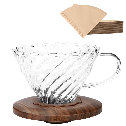 Image of Lalord Pour Over Coffee Dripper with 100 pcs of Size 02 Paper Filter, Borosilicate Glass & Walnut Collar, Drip Coffee Maker, 1-3 Cups, Clear (Coffee Dripper)