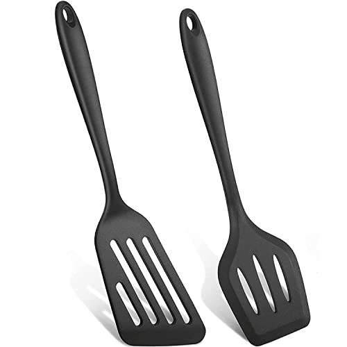 Spatula, 2 pieces, 35 cm silicone slotted turner spatula, Black, 2pcs - Image 2