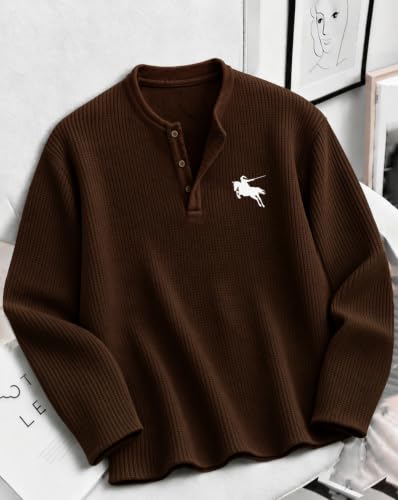 Buy AUSK Men's Waffle Texture Henley T-Shirt | Full Sleeve Solid T Shirt with Button Neck Details | Regular Fit Casual Wear Tshirt for Mens Brown at Amazon.in - Image 3
