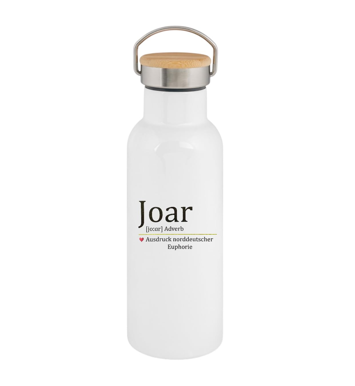 Norddeutsche Geschenkset, Thermosflasche 500ml/750ml mit Bambus-/Edelstahldeckel und Keramiktasse 330ml, Weiß mit Spruch - Joar - Ausdruck (Tasse + Flasche 750ml Bambusdeckel)