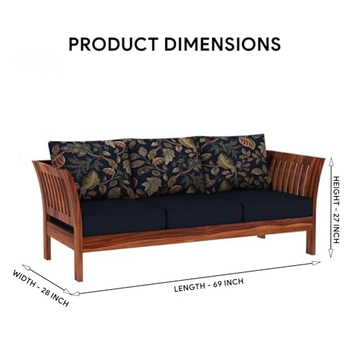 Image of Solid Sheesham Wood 3 Seater Sofa Set with Cushion | Wooden Three Seater Sofa for Home Bedroom Living Room Hall and Office (Honey Finish)