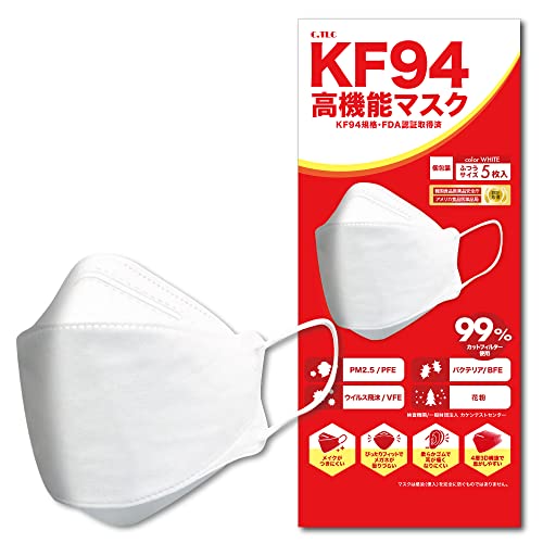KF94 高機能 マスク 4層 不織布 3D 立体 構造 密着性 個包装 花粉 対策 99%カットフィルター (ホワイト 5枚)