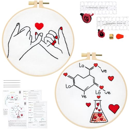 Image of Valentine's Day Embroidery Kits for Beginners Adults, Romance Love Heart Embroidery Needlepoint Kits, Hand Stamped Cross Stitch Kits for Beginners Adults, 2 Embroidery Hoops (Attached Video Tutorial)