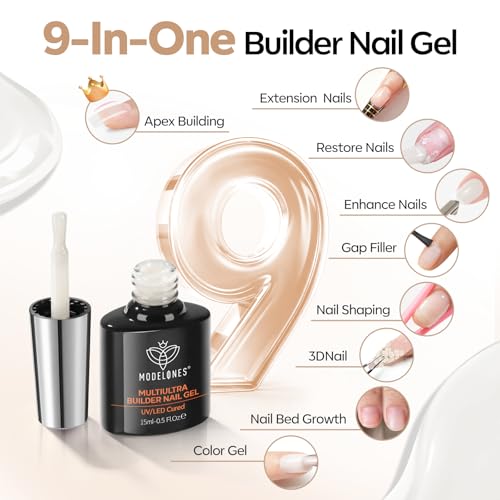 Image of modelones Builder Nail Gel No-Wipe, 9-in-One Milky White Builder for Nails, C-Curve Sculpting, Glossy Jelly Finish, No Top Coat Needed LED Lamp Cured Color Rubber Base Gel Polish for Quick DIY Salon
