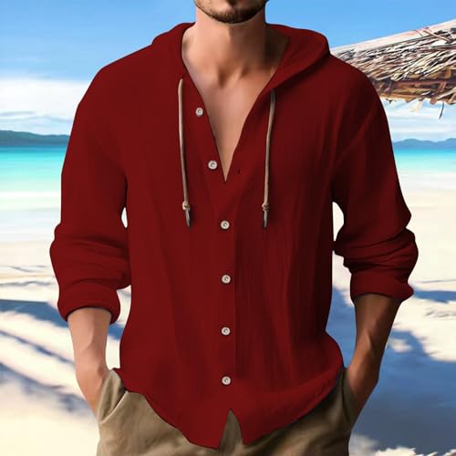 Linen Shirts for Men Casual Button Shirt Summer Cotton Linen Hoodie Beach Long Sleeve Shirts Top with Hood2