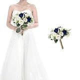 HOMENERGY Wedding Bouquet for Bridesmaid 1 Pack - Hand Holding Flower Bouquet 7 Inch Artificial Flower Bouquet for Bride Party Ceremony Anniversary Decor - Royal Blue & White
