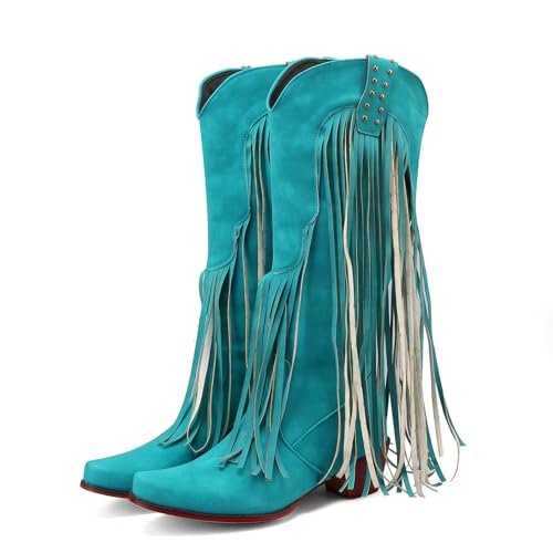 Image of KiutSymo Mid Calf Fringe Boots For Women Cowboy Pointed Toe Chunky Heels Cowgirl Western Tassel Boots
