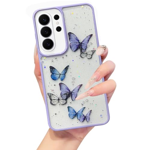 Image of VONZEE for Samsung Galaxy S26 Ultra Clear Glitter Butterfly Case, Cute Bling Sparkle Shiny Soft Silicone TPU Bumper Shockproof Women Girls Slim Protective Phone Cover, Purple