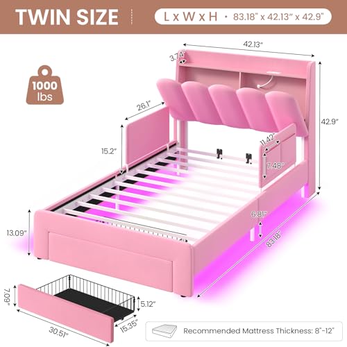 Image of DICTAC Twin Size Princess Bed Frame with Storage Drawer and Safety Guardrails, LED Velvet Upholstered Platform Bed for Girls with Wavy Storage Headboard,Charging Station,Heavy Duty Metal Support, Pink