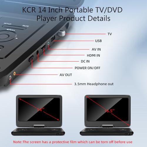 KCR 14-Zoll tragbarer TV/Tragbarer DVD-Player Combo mit HD LED-Drehbildschirm und DVB-T2 digitalem TV-Tuner/USB/HDMI/AV/Audio, eingebautem Akku, Zwei Stereo-Lautsprechern – Bild 4