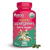 Zena Nutrition Organic Super Greens Fruit & Veggies Supplement, 70+ Superfoods from Fruit & Vegetables, 3g Fiber, Spirulina, Chlorella, Prebiotics & Probiotics, Digestive Enzymes, 180 Capsules