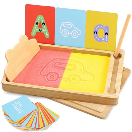 Pourbibi Sandtablet Montessori Spielzeug ab 3 4 Jahre Junge Mädchen,Frühes Training Buchstaben Lernen und Zeichen Sandspielzeug,Holzspielzeug Geburtstagsgeschenk für Kinder