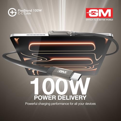 Image of GM G+ FlexStand 100W Type-C-C Cable | Built-in Stand for Portrait & Landscape Viewing | 4.5mm Flat design | 20,000 bend cycles tested Nylon Braided |Laptops,Tablets, Smartphones |1 Year Warranty
