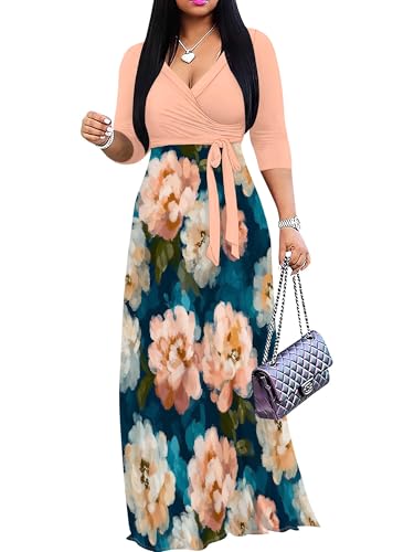 Image of Plus Size Maxi Dress for Women V Neck Flowy Dresses with Pockets for Wedding Guest Church