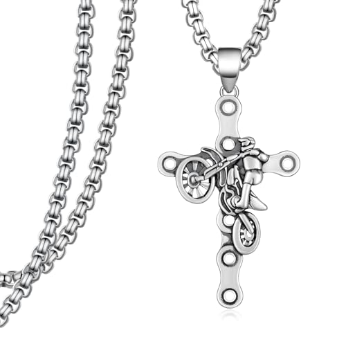 Dirt Bike Motorcycle Necklace 925 Sterling Silver Motocross Necklace Cross Pendant Jewelry Gift Accessories Gear Stuff Christian for Men